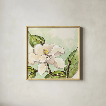 Magnolia I by Chris Paschke. Shown in a natural wood glass frame for a timeless modern aesthetic. Available as an archival giclee rolled canvas, fine art paper, or poster print. SKU 39215a.