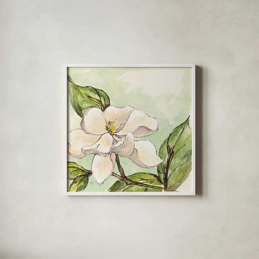 Magnolia I by Chris Paschke. Shown in a crisp white glass frame for a clean and minimalist style. Available as an archival giclee rolled canvas, fine art paper, or poster print. SKU 39215a.