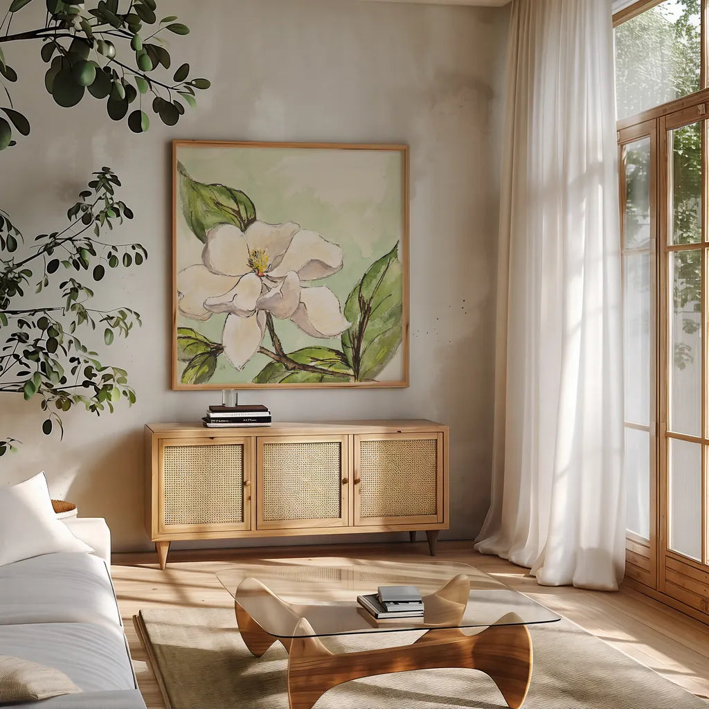 Magnolia I by Chris Paschke. Shown in a natural wood frame in a cozy modern living room. Available as an archival giclee rolled canvas, fine art paper, or poster print. SKU 39215a.