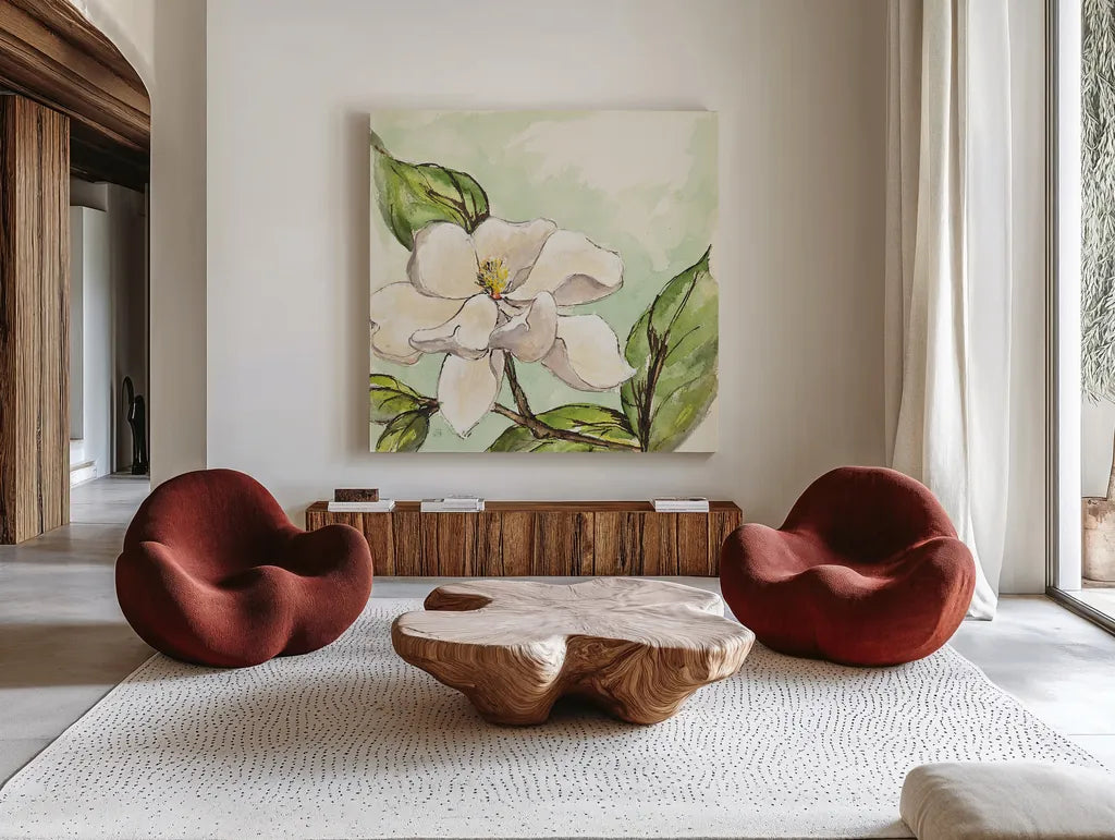 Magnolia I by Chris Paschke. Shown as extra-large giant wall art in a modern living room. Available as an archival giclee rolled canvas, fine art paper, or poster print. SKU 39215a.