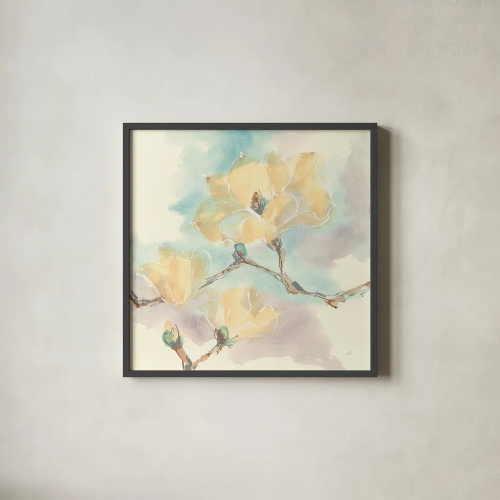 Magnolias in White I by Chris Paschke. Shown in a sleek black glass frame for a contemporary gallery look. Available as an archival giclee rolled canvas, fine art paper, or poster print. SKU 45476a.