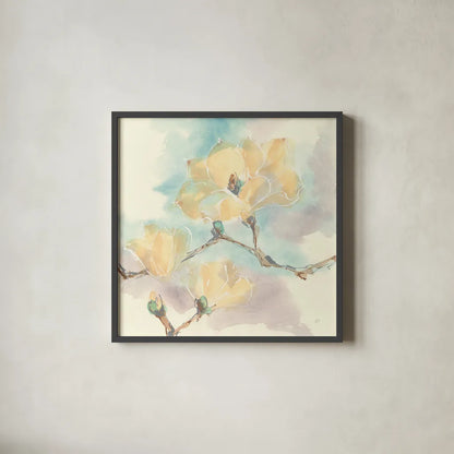 Magnolias in White I by Chris Paschke. Shown in a sleek black glass frame for a contemporary gallery look. Available as an archival giclee rolled canvas, fine art paper, or poster print. SKU 45476a.