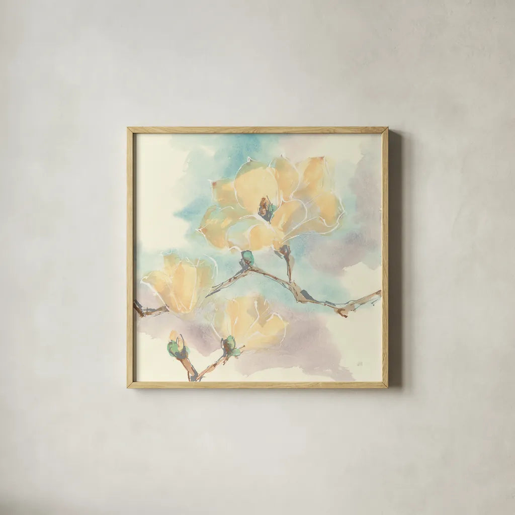 Magnolias in White I by Chris Paschke. Shown in a natural wood glass frame for a timeless modern aesthetic. Available as an archival giclee rolled canvas, fine art paper, or poster print. SKU 45476a.