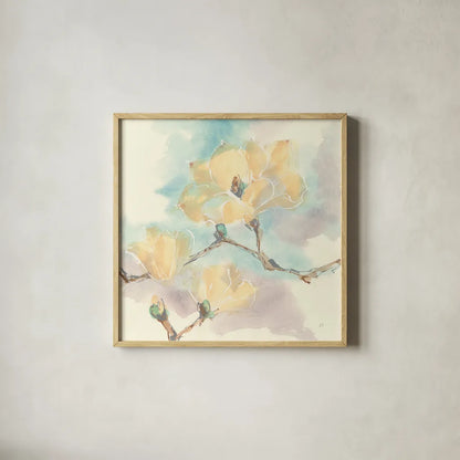 Magnolias in White I by Chris Paschke. Shown in a natural wood glass frame for a timeless modern aesthetic. Available as an archival giclee rolled canvas, fine art paper, or poster print. SKU 45476a.