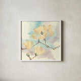 Magnolias in White I by Chris Paschke. Shown in a crisp white glass frame for a clean and minimalist style. Available as an archival giclee rolled canvas, fine art paper, or poster print. SKU 45476a.