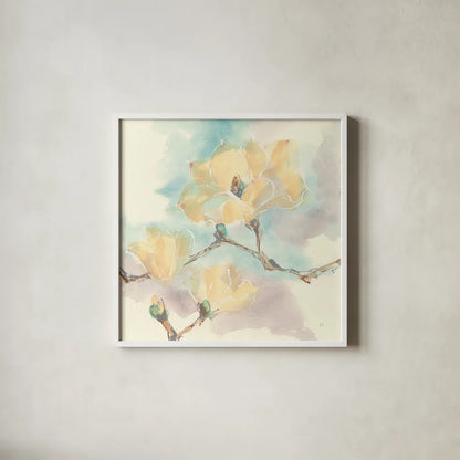 Magnolias in White I by Chris Paschke. Shown in a crisp white glass frame for a clean and minimalist style. Available as an archival giclee rolled canvas, fine art paper, or poster print. SKU 45476a.