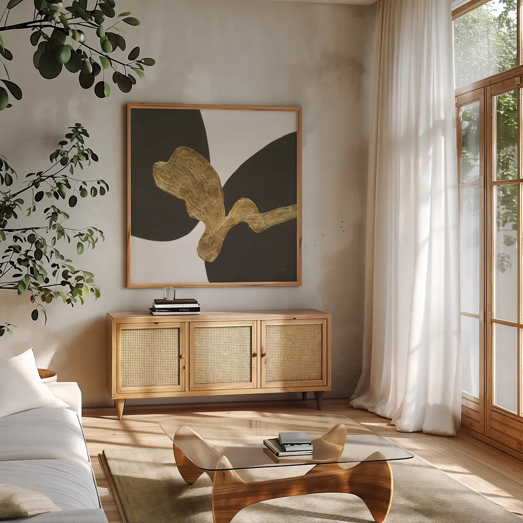 Makeover I by Chris Paschke. Shown in a natural wood frame in a cozy modern living room. Available as an archival giclee rolled canvas, fine art paper, or poster print. SKU 94381a.