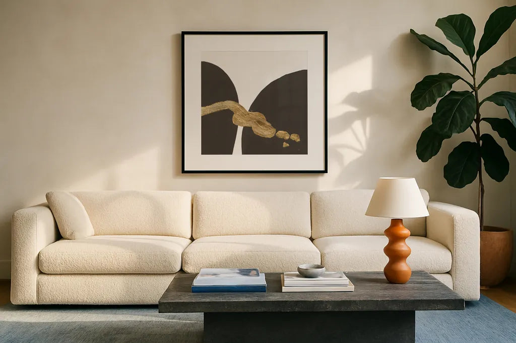 Makeover II by Chris Paschke. Displayed in a glass frame with matte in a clean modern living room. Available as an archival giclee rolled canvas, fine art paper, or poster print. SKU 94382a.