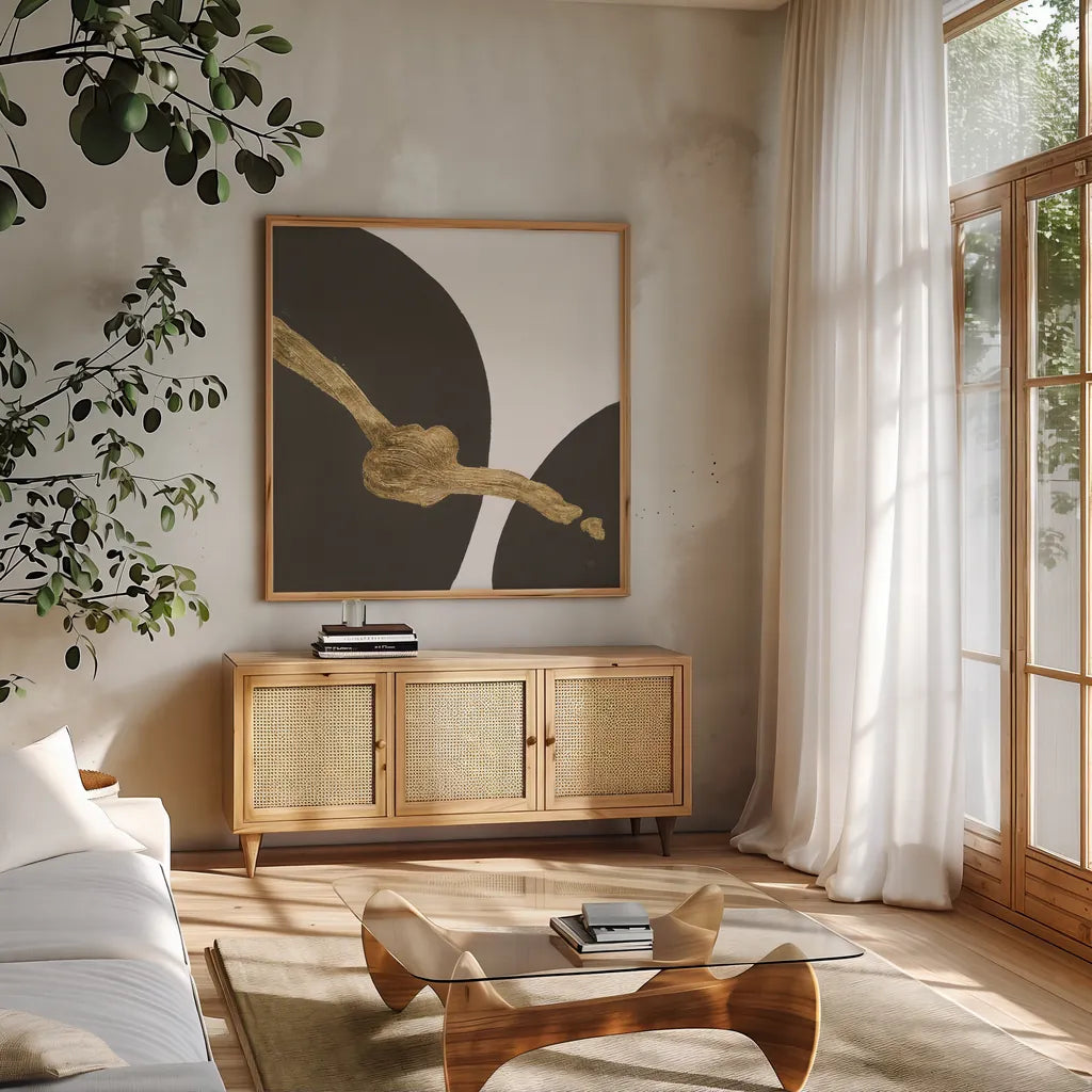 Makeover IV by Chris Paschke. Shown in a natural wood frame in a cozy modern living room. Available as an archival giclee rolled canvas, fine art paper, or poster print. SKU 94384a.