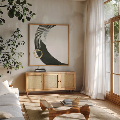 Many Moons I by Chris Paschke. Shown in a natural wood frame in a cozy modern living room. Available as an archival giclee rolled canvas, fine art paper, or poster print. SKU 82404a.