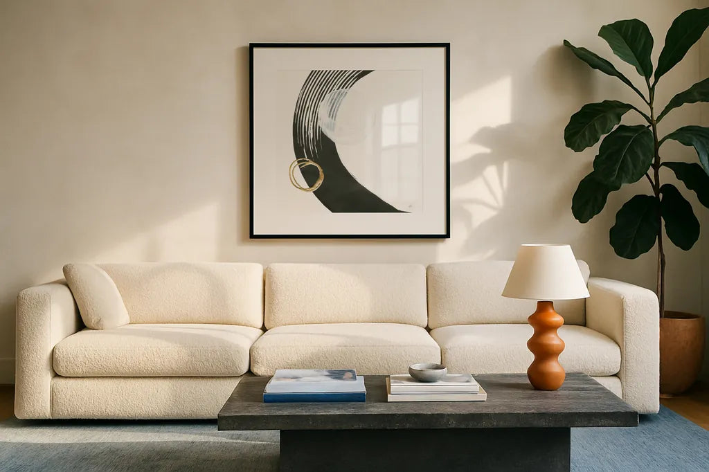 Many Moons I by Chris Paschke. Displayed in a glass frame with matte in a clean modern living room. Available as an archival giclee rolled canvas, fine art paper, or poster print. SKU 82404a.