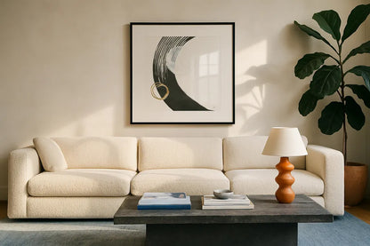 Many Moons I by Chris Paschke. Displayed in a glass frame with matte in a clean modern living room. Available as an archival giclee rolled canvas, fine art paper, or poster print. SKU 82404a.