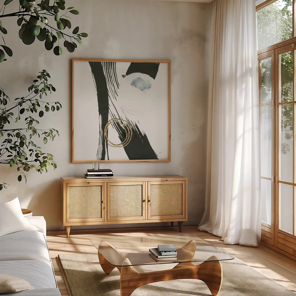 Many Moons II by Chris Paschke. Shown in a natural wood frame in a cozy modern living room. Available as an archival giclee rolled canvas, fine art paper, or poster print. SKU 82405a.