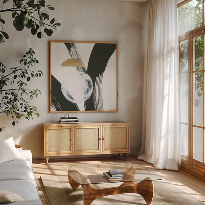 Many Moons III by Chris Paschke. Shown in a natural wood frame in a cozy modern living room. Available as an archival giclee rolled canvas, fine art paper, or poster print. SKU 82406a.