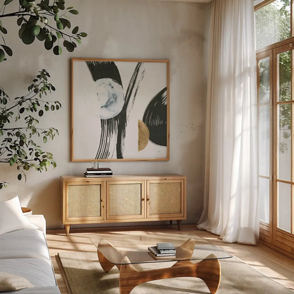 Many Moons IV by Chris Paschke. Shown in a natural wood frame in a cozy modern living room. Available as an archival giclee rolled canvas, fine art paper, or poster print. SKU 82407a.