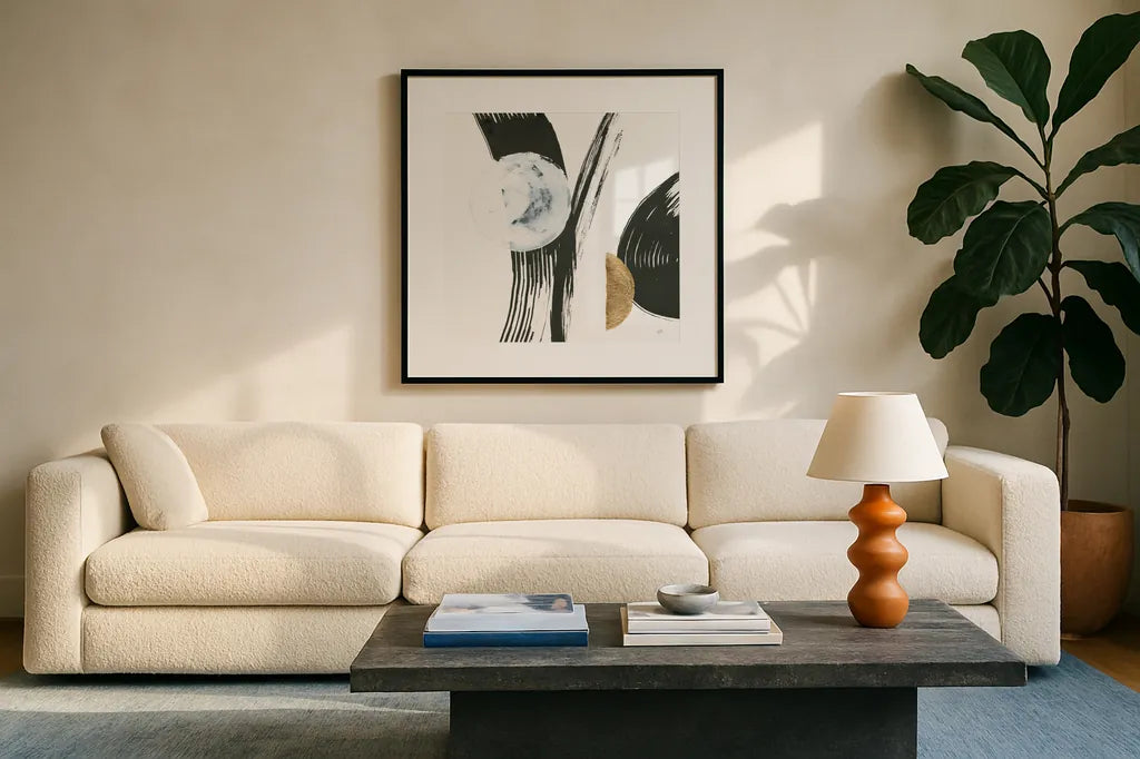 Many Moons IV by Chris Paschke. Displayed in a glass frame with matte in a clean modern living room. Available as an archival giclee rolled canvas, fine art paper, or poster print. SKU 82407a.