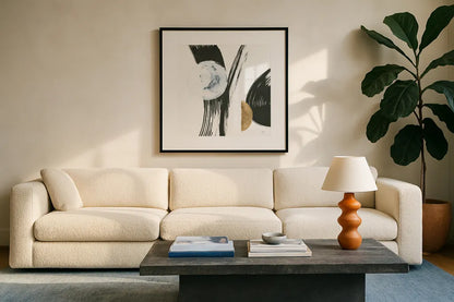 Many Moons IV by Chris Paschke. Displayed in a glass frame with matte in a clean modern living room. Available as an archival giclee rolled canvas, fine art paper, or poster print. SKU 82407a.