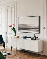 Marbled Gray I by Chris Paschke. shown as a framed stretched canvas in a living room above a console. Available as a archival giclee rolled canvas, fine art paper, or poster print. SKU 71868i.