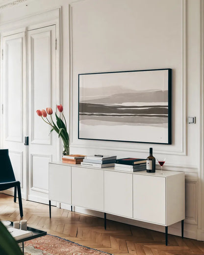 Marbled Gray II by Chris Paschke. shown as a framed stretched canvas in a living room above a console. Available as a archival giclee rolled canvas, fine art paper, or poster print. SKU 71869i.