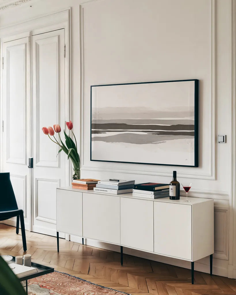 Marbled Gray IV by Chris Paschke. shown as a framed stretched canvas in a living room above a console. Available as a archival giclee rolled canvas, fine art paper, or poster print. SKU 71871i.