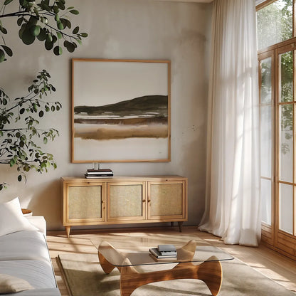 Marsh I by Chris Paschke. Shown in a natural wood frame in a cozy modern living room. Available as an archival giclee rolled canvas, fine art paper, or poster print. SKU 78535a.