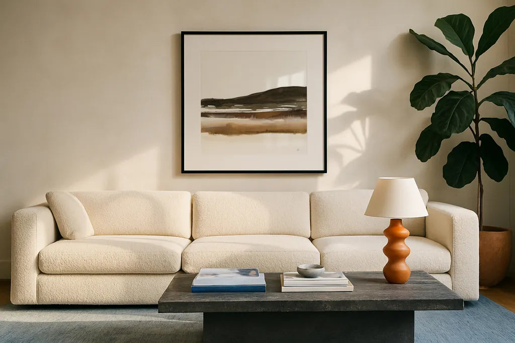 Marsh I by Chris Paschke. Displayed in a glass frame with matte in a clean modern living room. Available as an archival giclee rolled canvas, fine art paper, or poster print. SKU 78535a.