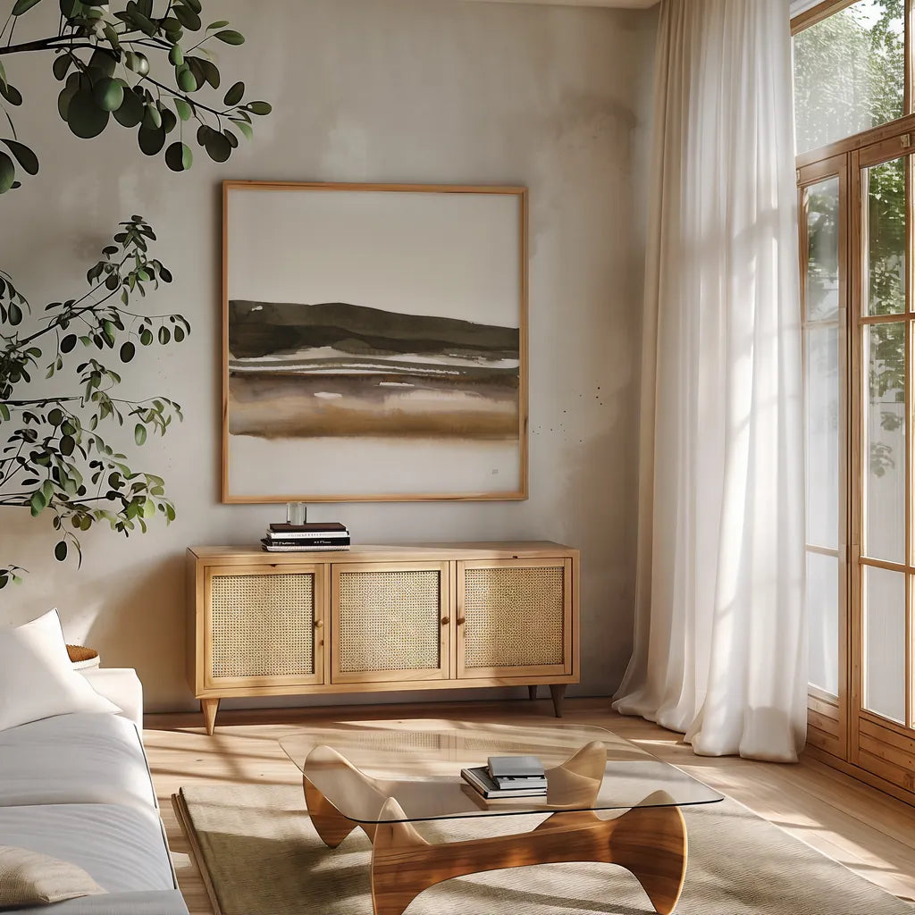 Marsh II by Chris Paschke. Shown in a natural wood frame in a cozy modern living room. Available as an archival giclee rolled canvas, fine art paper, or poster print. SKU 78536a.