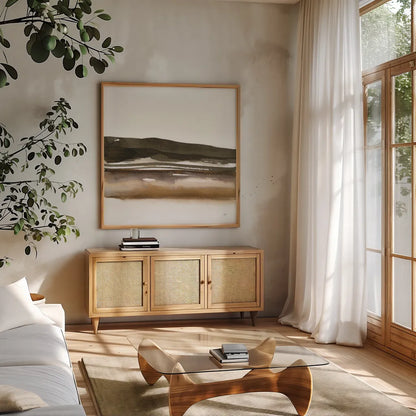 Marsh II by Chris Paschke. Shown in a natural wood frame in a cozy modern living room. Available as an archival giclee rolled canvas, fine art paper, or poster print. SKU 78536a.