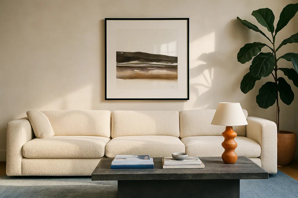 Marsh II by Chris Paschke. Displayed in a glass frame with matte in a clean modern living room. Available as an archival giclee rolled canvas, fine art paper, or poster print. SKU 78536a.
