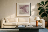 Mauve Indigo Flow I by Chris Paschke. Displayed in a glass frame with matte in a clean modern living room. Available as an archival giclee rolled canvas, fine art paper, or poster print. SKU 50124a.