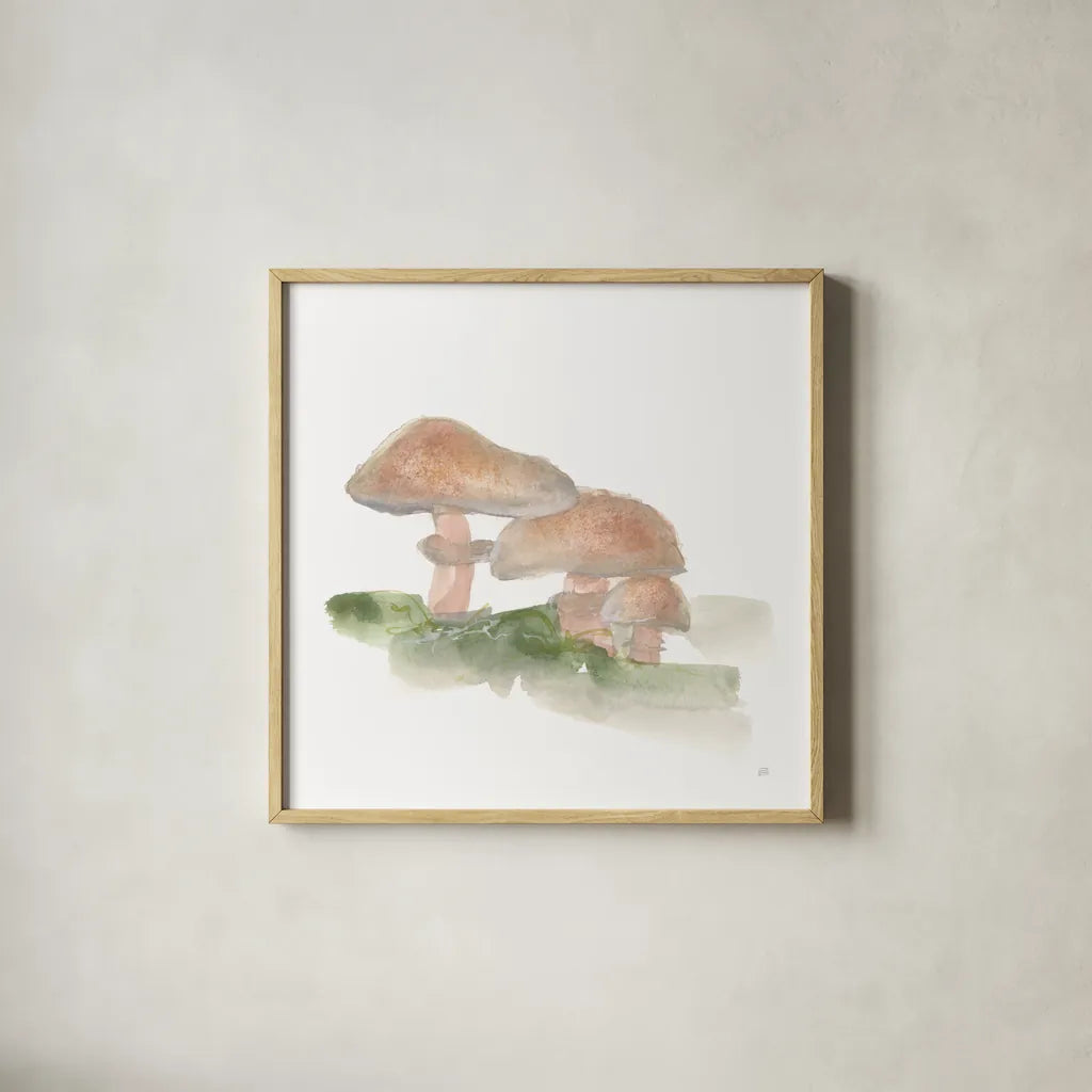 Mellow Mushrooms III by Chris Paschke. Shown in a natural wood glass frame for a timeless modern aesthetic. Available as an archival giclee rolled canvas, fine art paper, or poster print. SKU 84541a.