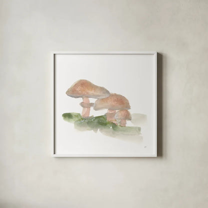 Mellow Mushrooms III by Chris Paschke. Shown in a crisp white glass frame for a clean and minimalist style. Available as an archival giclee rolled canvas, fine art paper, or poster print. SKU 84541a.