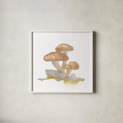 Mellow Mushrooms IV by Chris Paschke. Shown in a crisp white glass frame for a clean and minimalist style. Available as an archival giclee rolled canvas, fine art paper, or poster print. SKU 84542a.