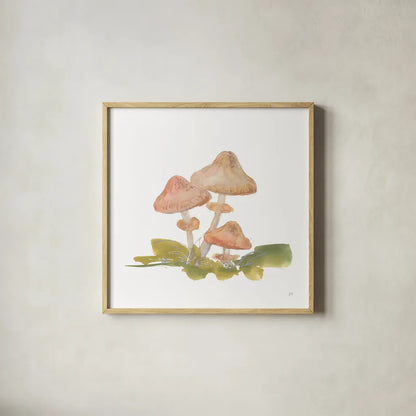 Mellow Mushrooms V by Chris Paschke. Shown in a natural wood glass frame for a timeless modern aesthetic. Available as an archival giclee rolled canvas, fine art paper, or poster print. SKU 84543a.