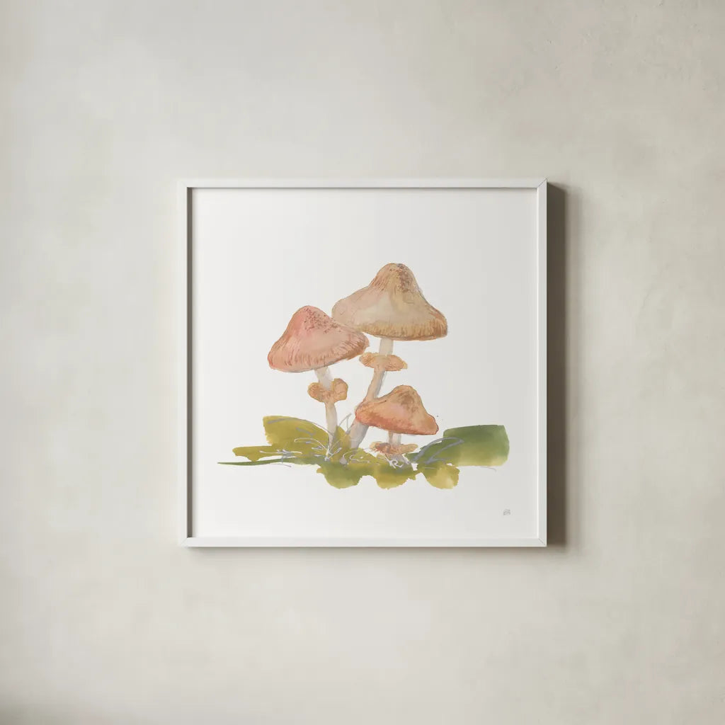 Mellow Mushrooms V by Chris Paschke. Shown in a crisp white glass frame for a clean and minimalist style. Available as an archival giclee rolled canvas, fine art paper, or poster print. SKU 84543a.