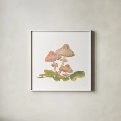 Mellow Mushrooms V by Chris Paschke. Shown in a crisp white glass frame for a clean and minimalist style. Available as an archival giclee rolled canvas, fine art paper, or poster print. SKU 84543a.