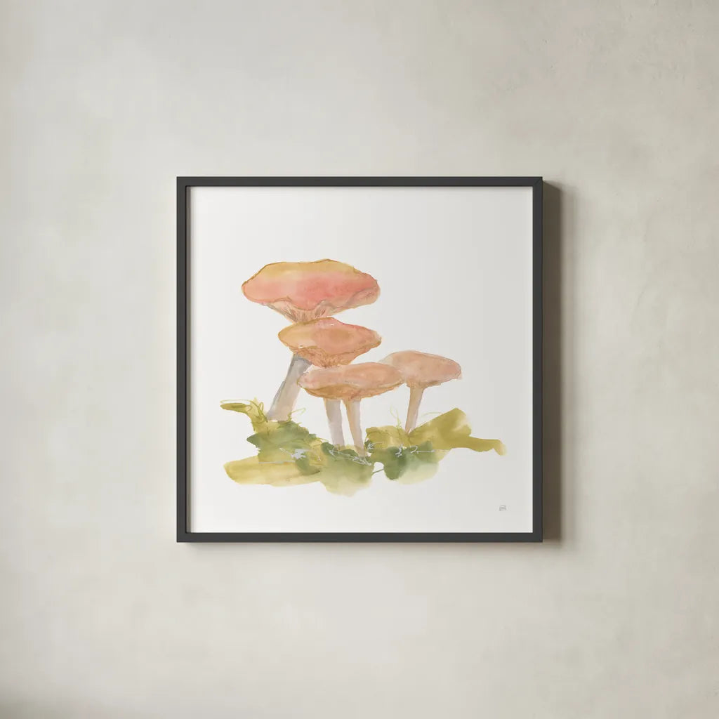 Mellow Mushrooms VI by Chris Paschke. Shown in a sleek black glass frame for a contemporary gallery look. Available as an archival giclee rolled canvas, fine art paper, or poster print. SKU 84544a.