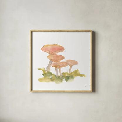 Mellow Mushrooms VI by Chris Paschke. Shown in a natural wood glass frame for a timeless modern aesthetic. Available as an archival giclee rolled canvas, fine art paper, or poster print. SKU 84544a.