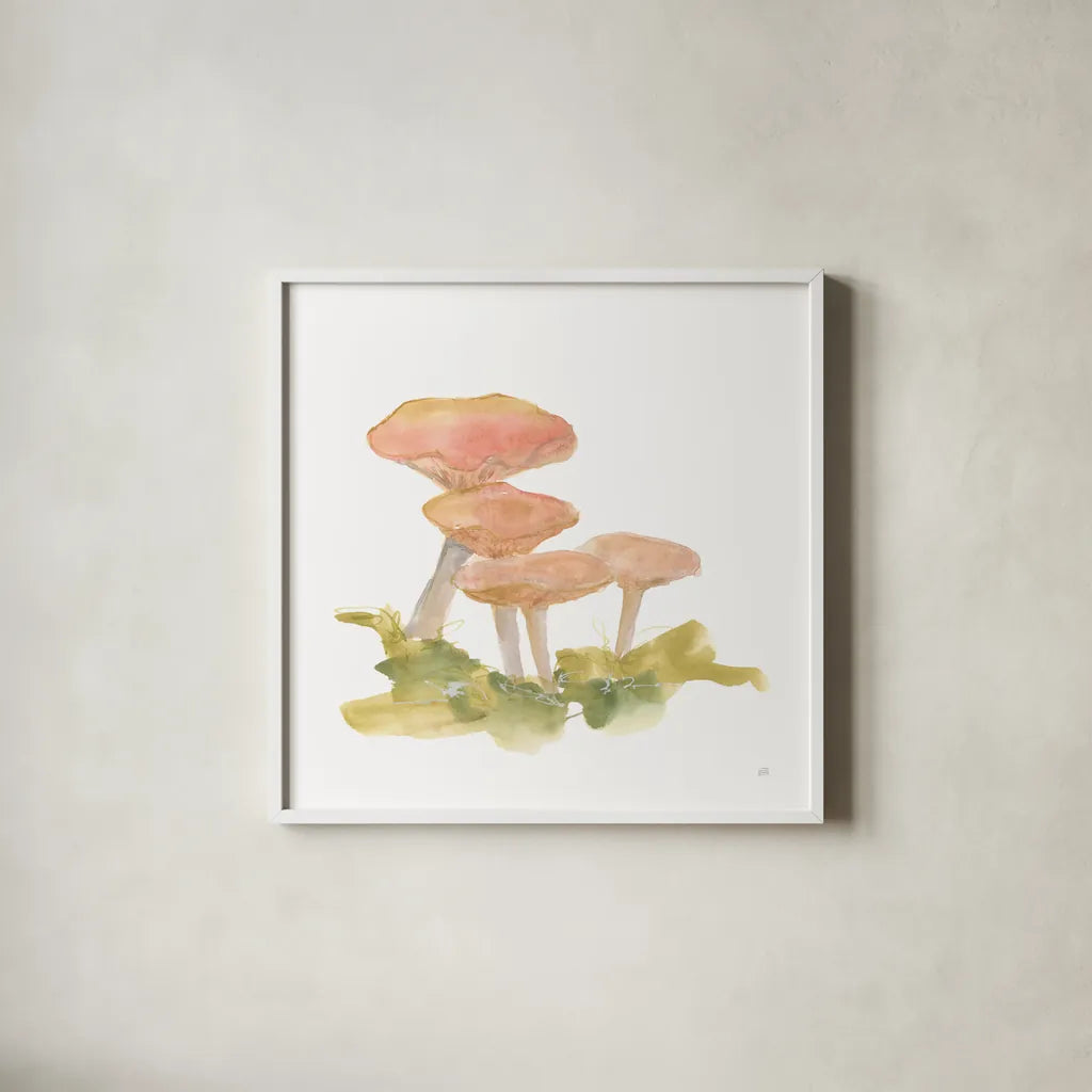 Mellow Mushrooms VI by Chris Paschke. Shown in a crisp white glass frame for a clean and minimalist style. Available as an archival giclee rolled canvas, fine art paper, or poster print. SKU 84544a.