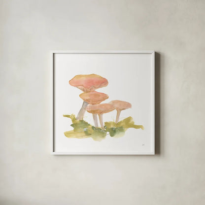 Mellow Mushrooms VI by Chris Paschke. Shown in a crisp white glass frame for a clean and minimalist style. Available as an archival giclee rolled canvas, fine art paper, or poster print. SKU 84544a.