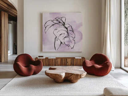 Midnight Plum Leaf I by Chris Paschke. Shown as extra-large giant wall art in a modern living room. Available as an archival giclee rolled canvas, fine art paper, or poster print. SKU 91454a.