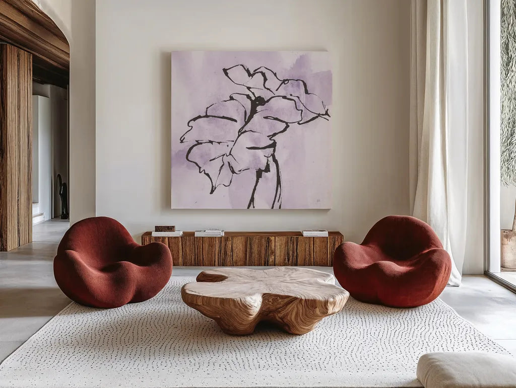 Midnight Plum Leaf II by Chris Paschke. Shown as extra-large giant wall art in a modern living room. Available as an archival giclee rolled canvas, fine art paper, or poster print. SKU 91455a.