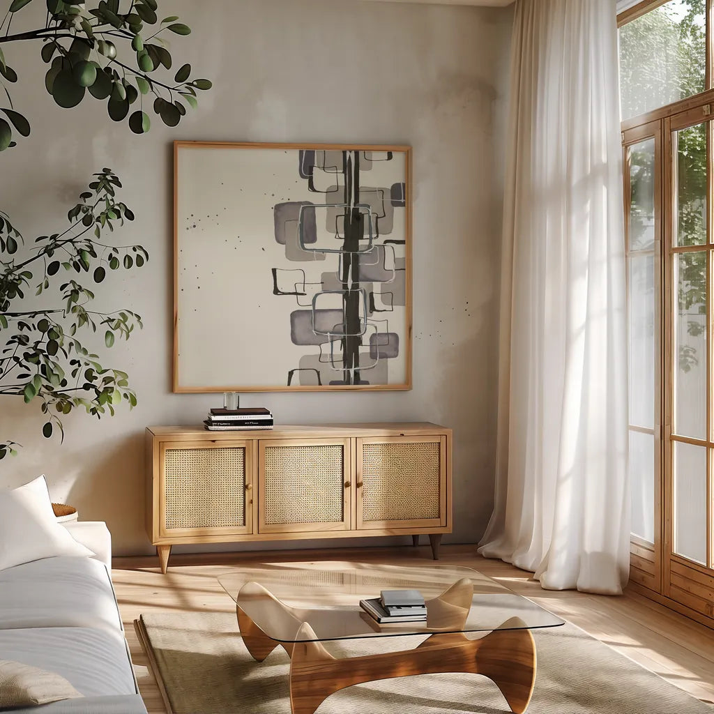 Mind Games II by Chris Paschke. Shown in a natural wood frame in a cozy modern living room. Available as an archival giclee rolled canvas, fine art paper, or poster print. SKU 32522a.