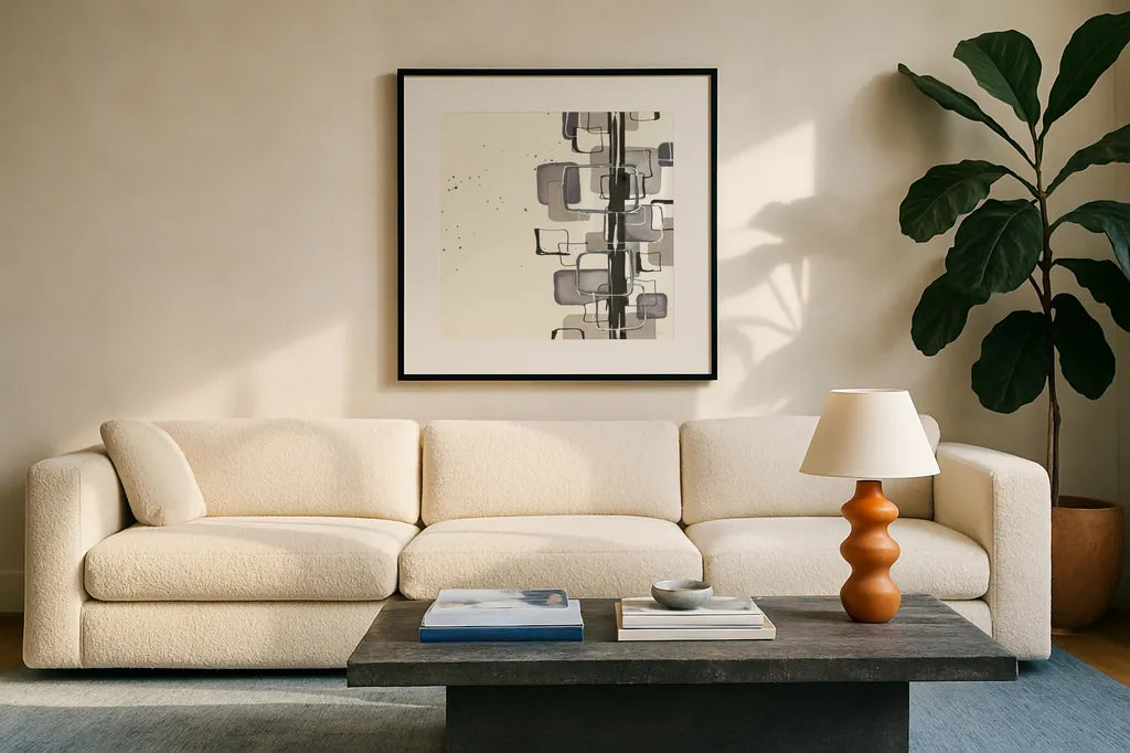 Mind Games II by Chris Paschke. Displayed in a glass frame with matte in a clean modern living room. Available as an archival giclee rolled canvas, fine art paper, or poster print. SKU 32522a.