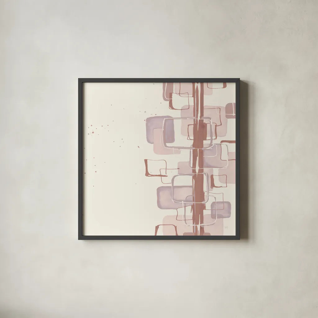 Mind Games II Blush by Chris Paschke. Shown in a sleek black glass frame for a contemporary gallery look. Available as an archival giclee rolled canvas, fine art paper, or poster print. SKU 42730a.