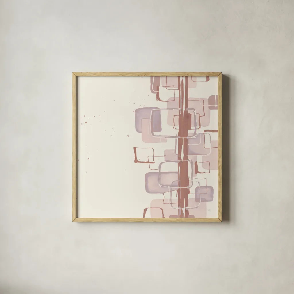 Mind Games II Blush by Chris Paschke. Shown in a natural wood glass frame for a timeless modern aesthetic. Available as an archival giclee rolled canvas, fine art paper, or poster print. SKU 42730a.