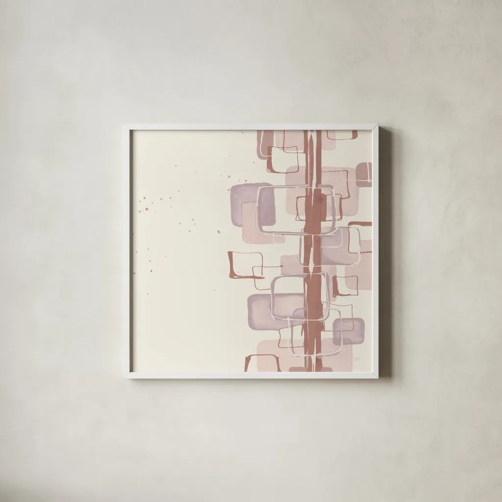 Mind Games II Blush by Chris Paschke. Shown in a crisp white glass frame for a clean and minimalist style. Available as an archival giclee rolled canvas, fine art paper, or poster print. SKU 42730a.