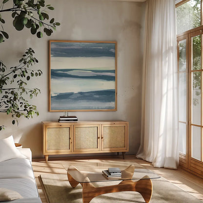 Mint Dawn II by Chris Paschke. Shown in a natural wood frame in a cozy modern living room. Available as an archival giclee rolled canvas, fine art paper, or poster print. SKU 33977a.