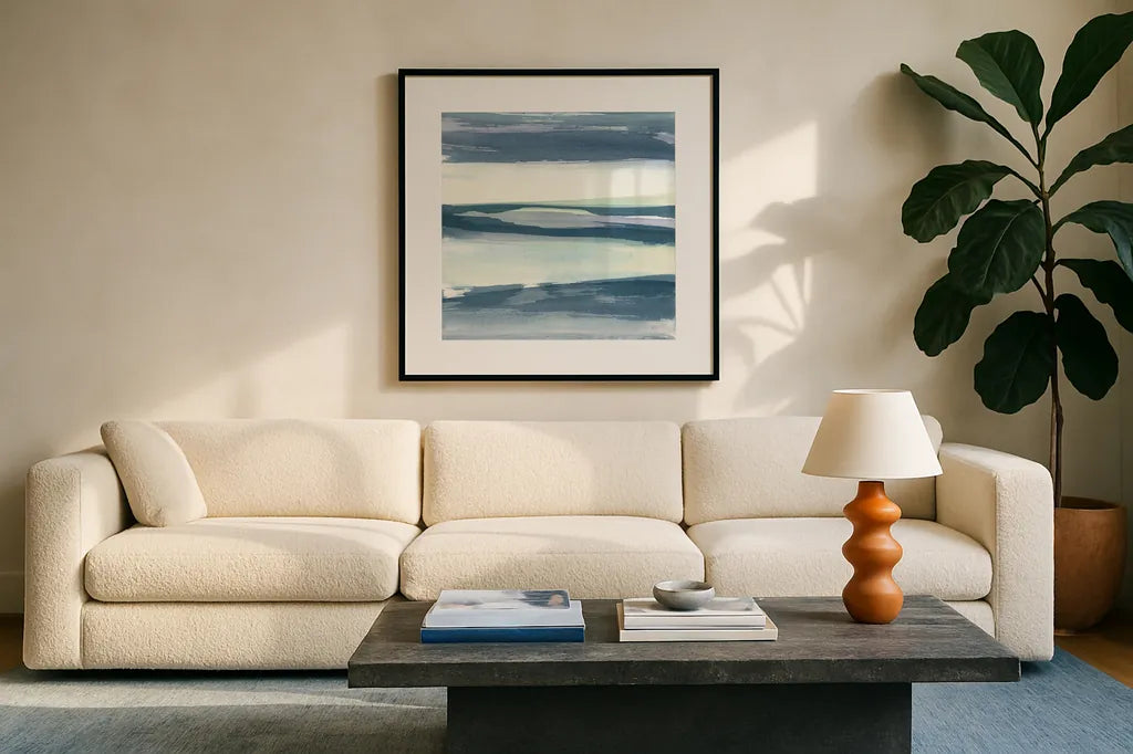Mint Dawn II by Chris Paschke. Displayed in a glass frame with matte in a clean modern living room. Available as an archival giclee rolled canvas, fine art paper, or poster print. SKU 33977a.