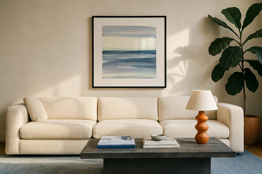 Mint Dawn IV by Chris Paschke. Displayed in a glass frame with matte in a clean modern living room. Available as an archival giclee rolled canvas, fine art paper, or poster print. SKU 33979a.